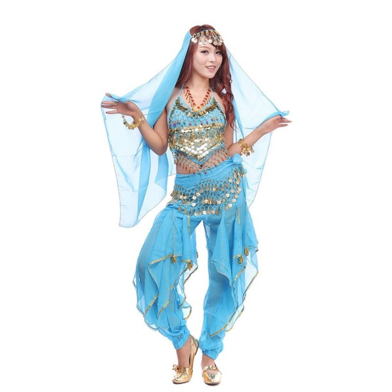 Costume de danse orientale avec sarouel turquoise et or
