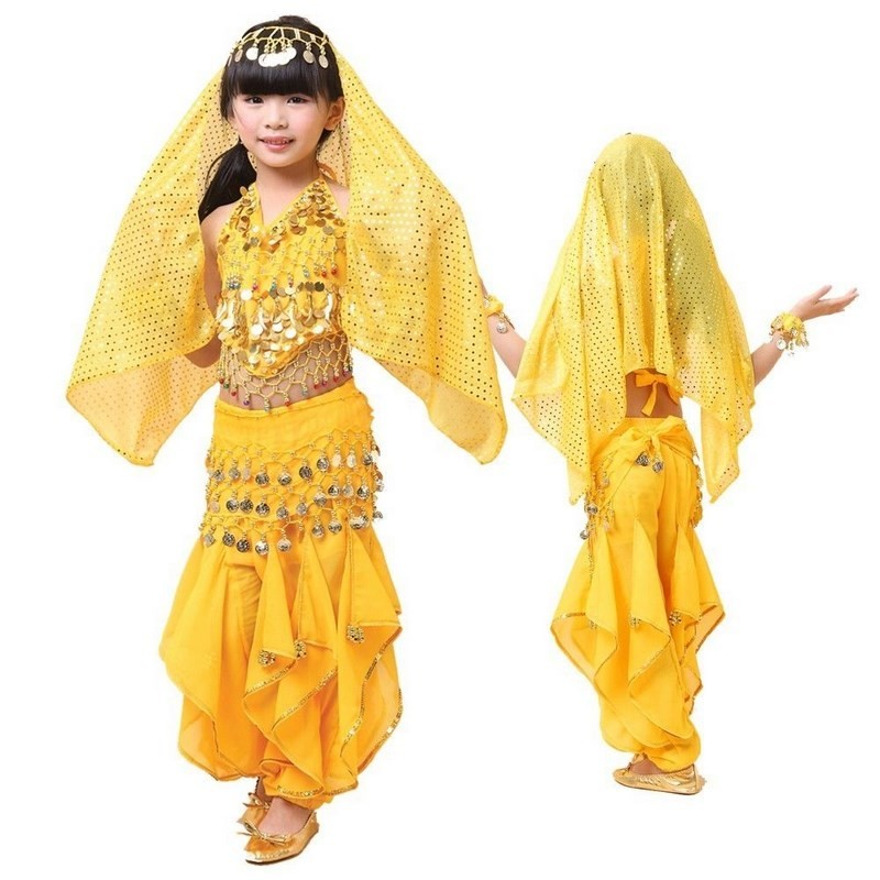 Costume de danse orientale enfant pantalon voilé et haut jaune