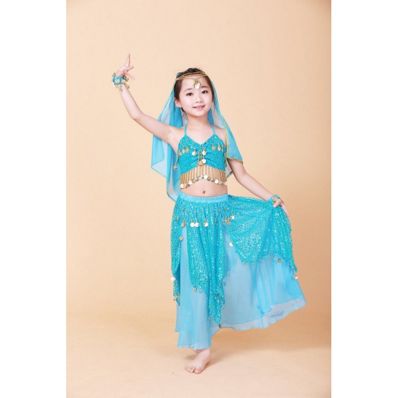 Costume de danse orientale enfant jupe pétale et top brillant turquoise