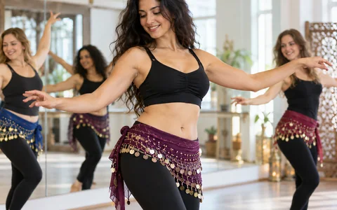 Foulard de danse orientale à pièces porté sur les hanches d’une danseuse adulte en salle de cours