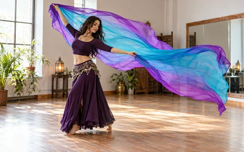 Danseuse adulte manipulant un voile de danse orientale fluide dans un studio de répétition